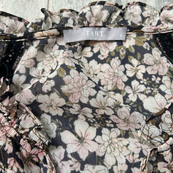 Tart Sheer Floral Boho Blouse Crochet Details Tassels Ruffle Collar Size Small - Picture 2 of 13